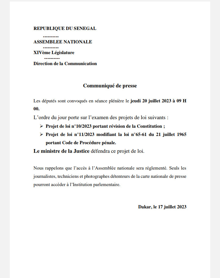 Assemblée Les députés convoqués en plénière ce jeudi Xibaaru