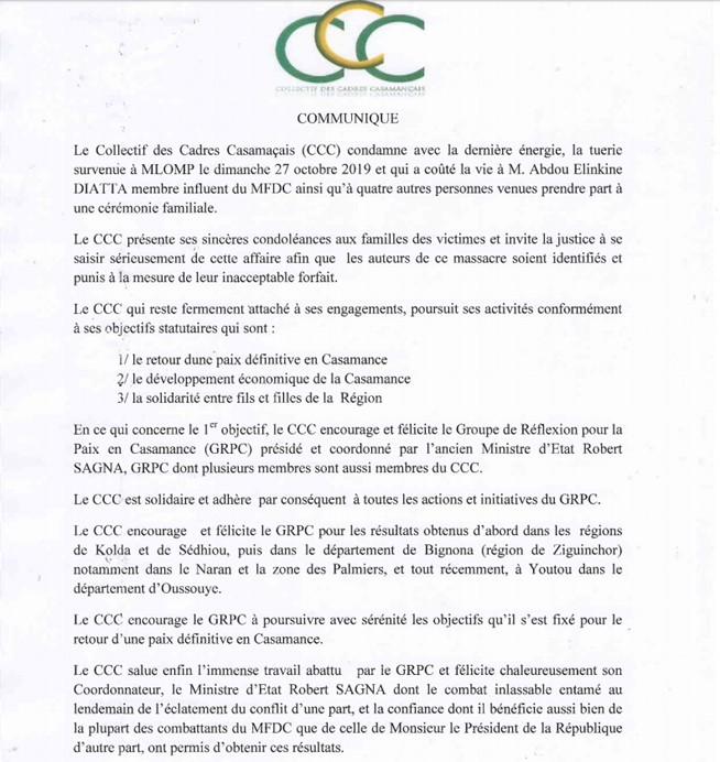 Mort de Elinkine DIATTA Le Collectif Des Cadres Casamançais (CCC) Condamne…