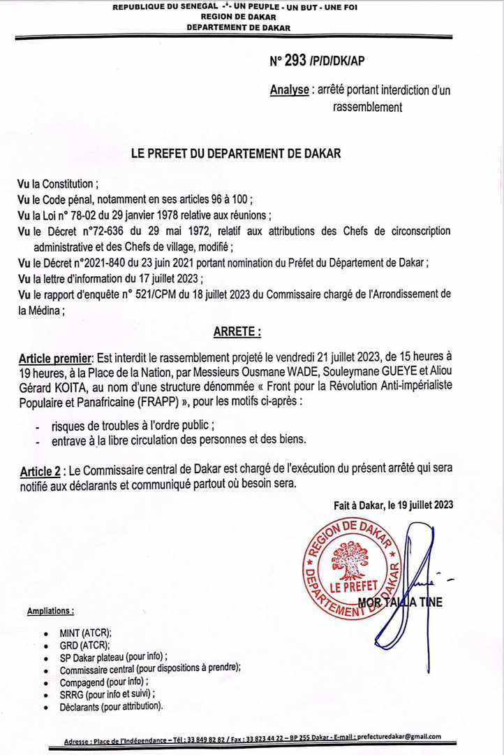 Le rassemblement du F24 interdit par le Préfet de Dakar (document) - Xibaaru